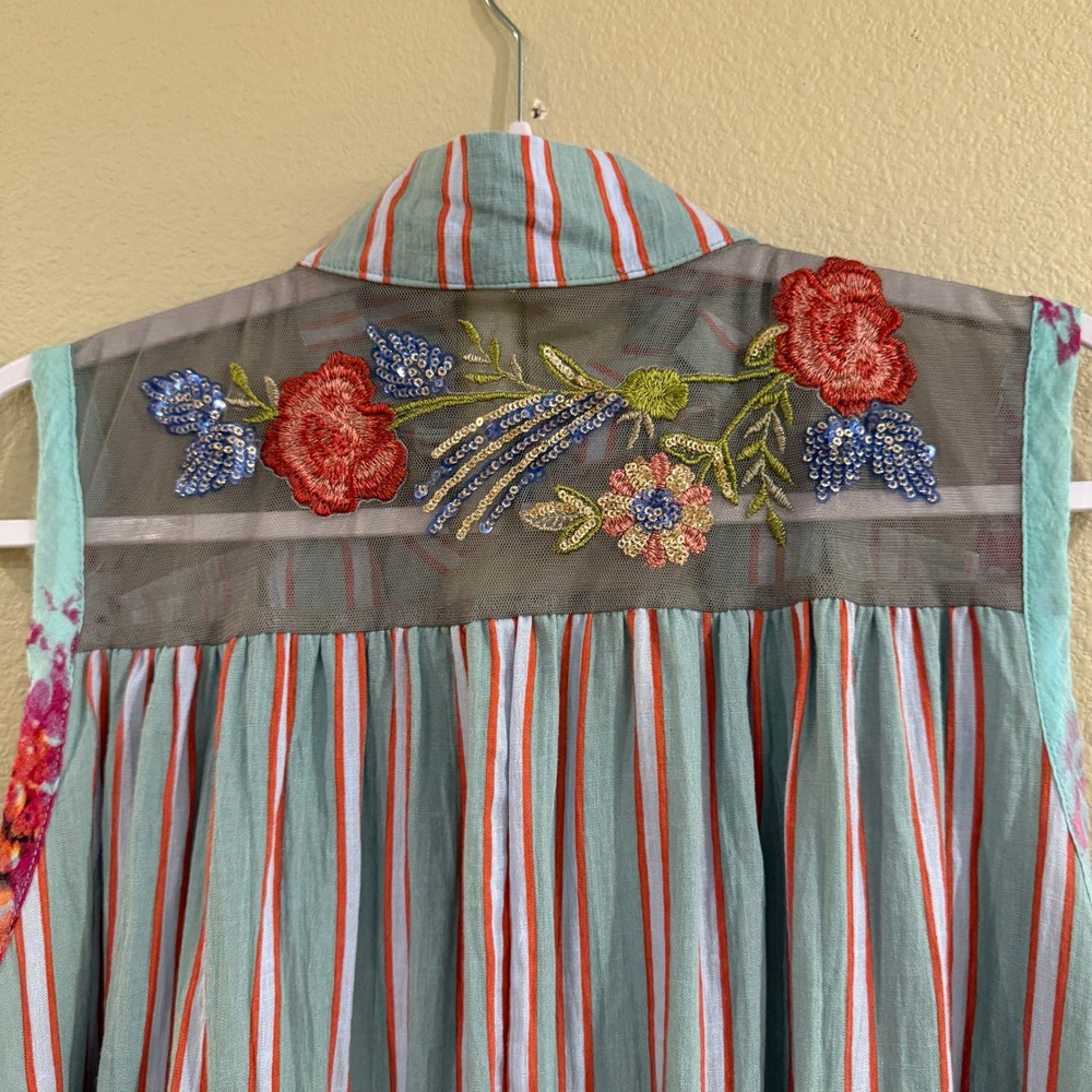 Aratta Silent Journey Top Womens XL Green Striped Embroidered Mesh Boho Blouse - Picture 7 of 16